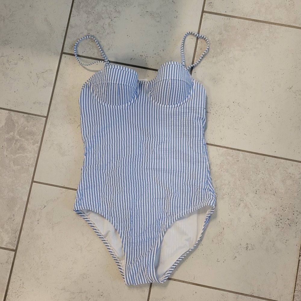 J. Crew Blue and White Striped One-Piece Swimsuit